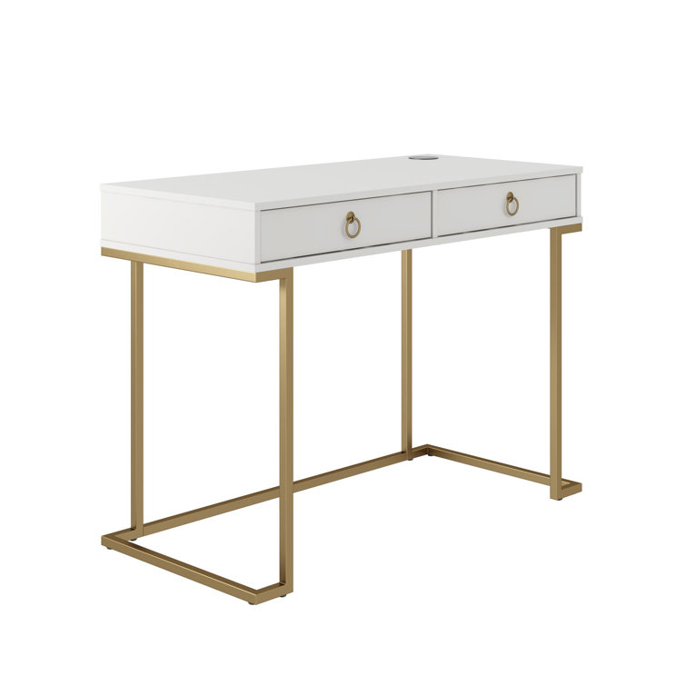 Camila White 44" Modern Writing Desk with Gold Accents & Wireless Charging