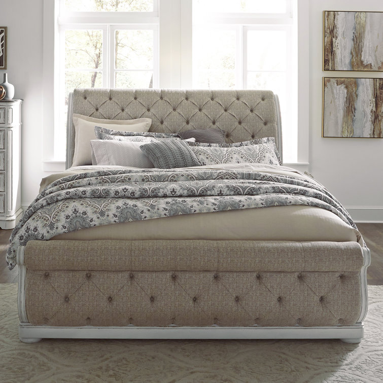 Beige Oak Queen Sleigh Bed with Tufted Upholstered Headboard
