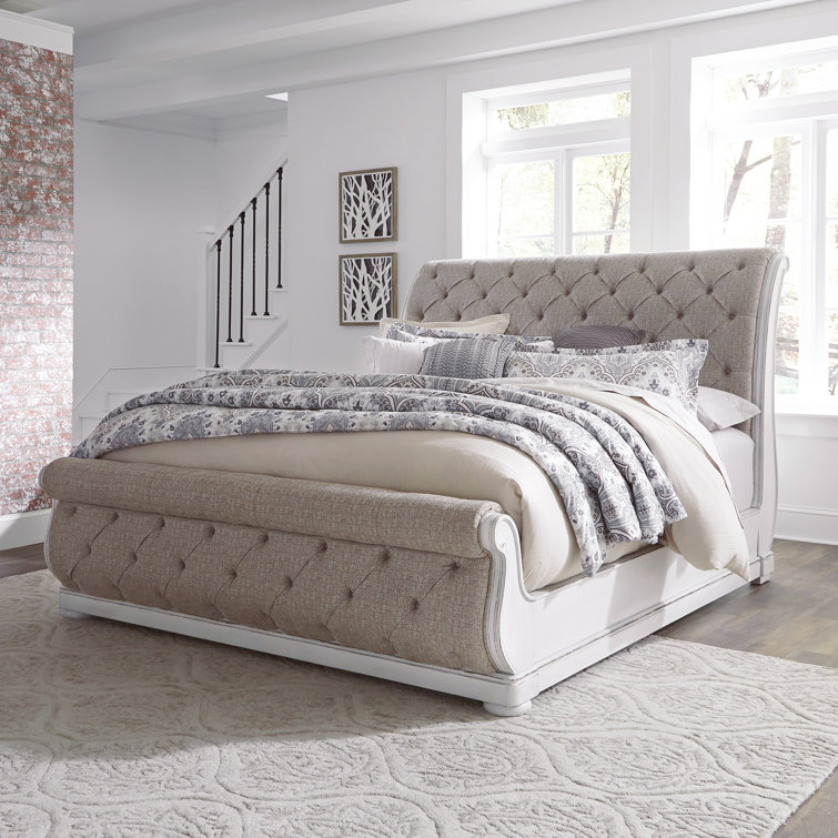 Beige Oak Queen Sleigh Bed with Tufted Upholstered Headboard