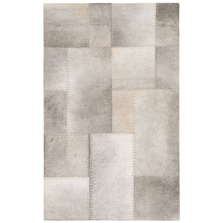 Gray Geometric Handmade Cowhide Leather Rug 3' x 5'