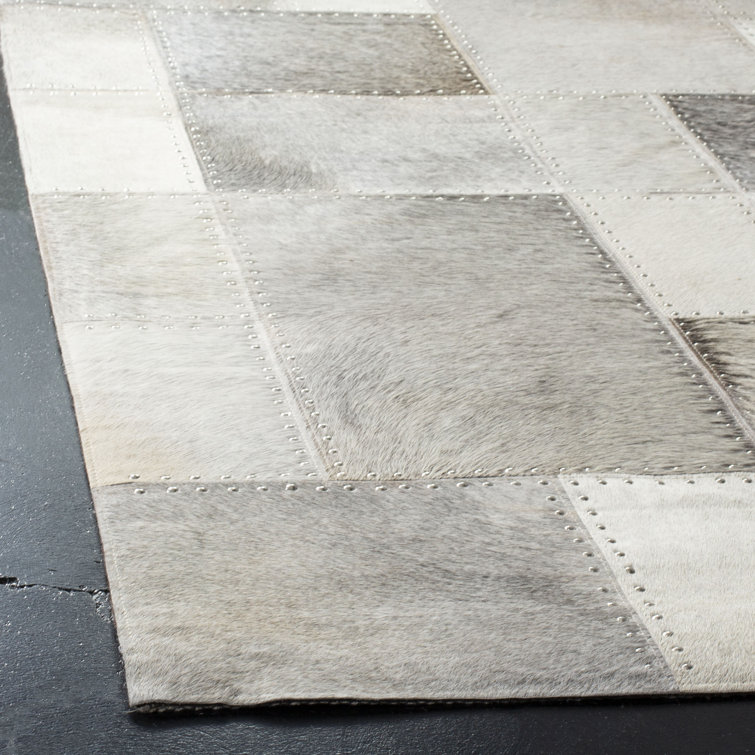 Gray Geometric Handmade Cowhide Leather Rug 3' x 5'