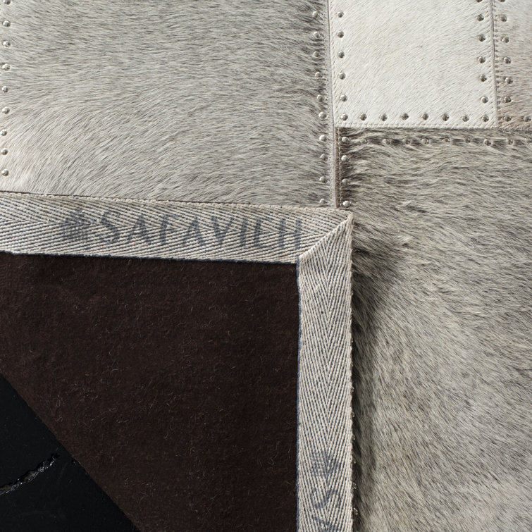 Gray Geometric Handmade Cowhide Leather Rug 3' x 5'
