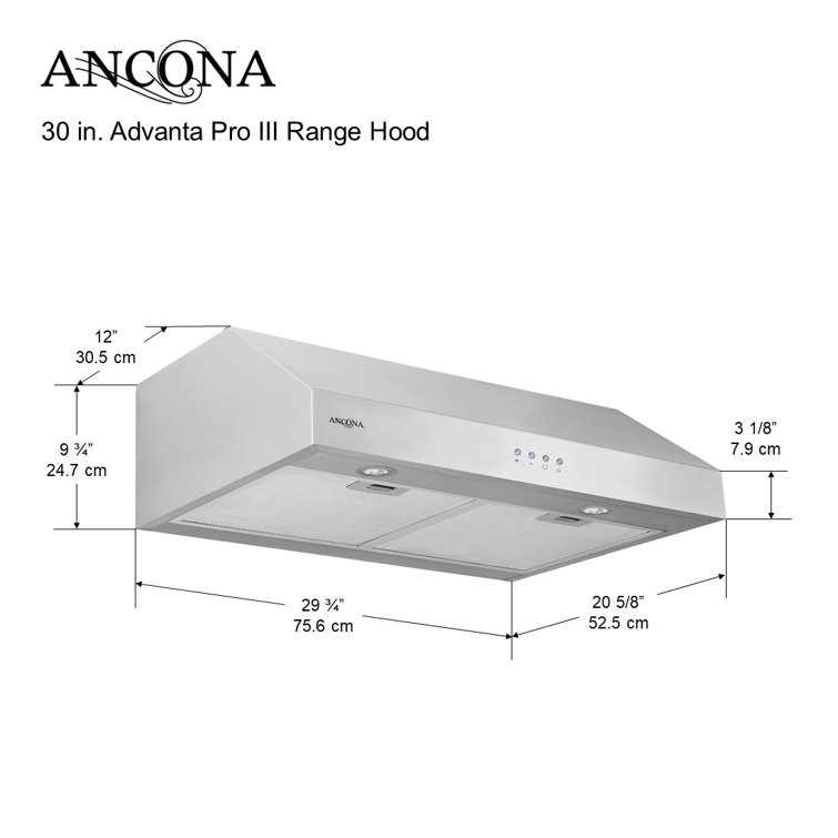 Ancona 30" Stainless Steel Under Cabinet Range Hood with Mesh Filter