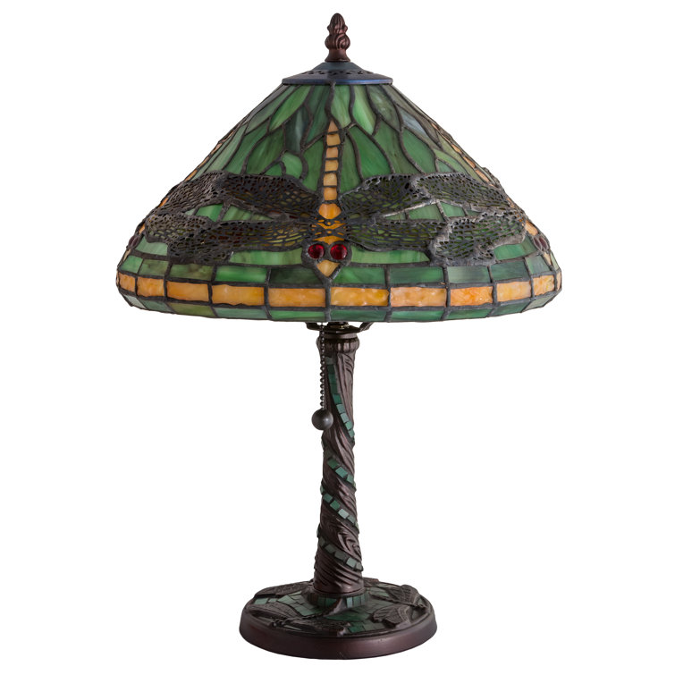 Green and Orange Stained Glass Dragonfly Table Lamp