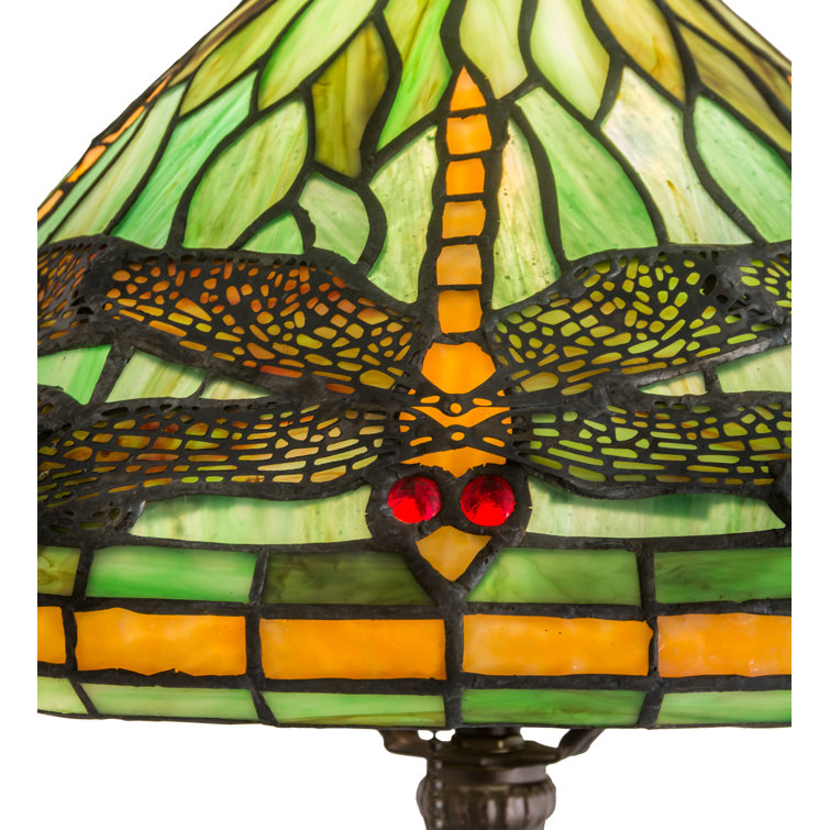 Green and Orange Stained Glass Dragonfly Table Lamp