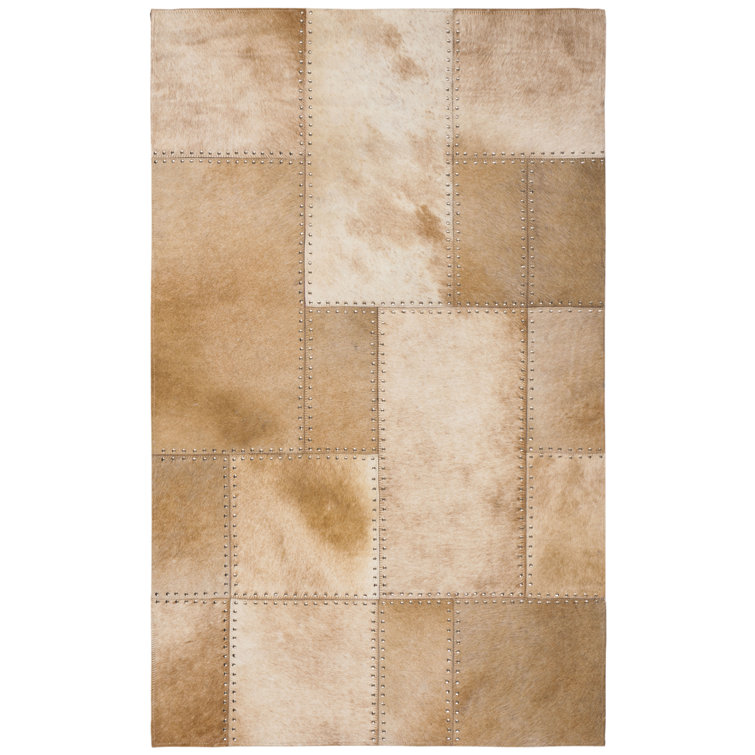 Beige Handwoven Leather Geometric Patchwork Rug