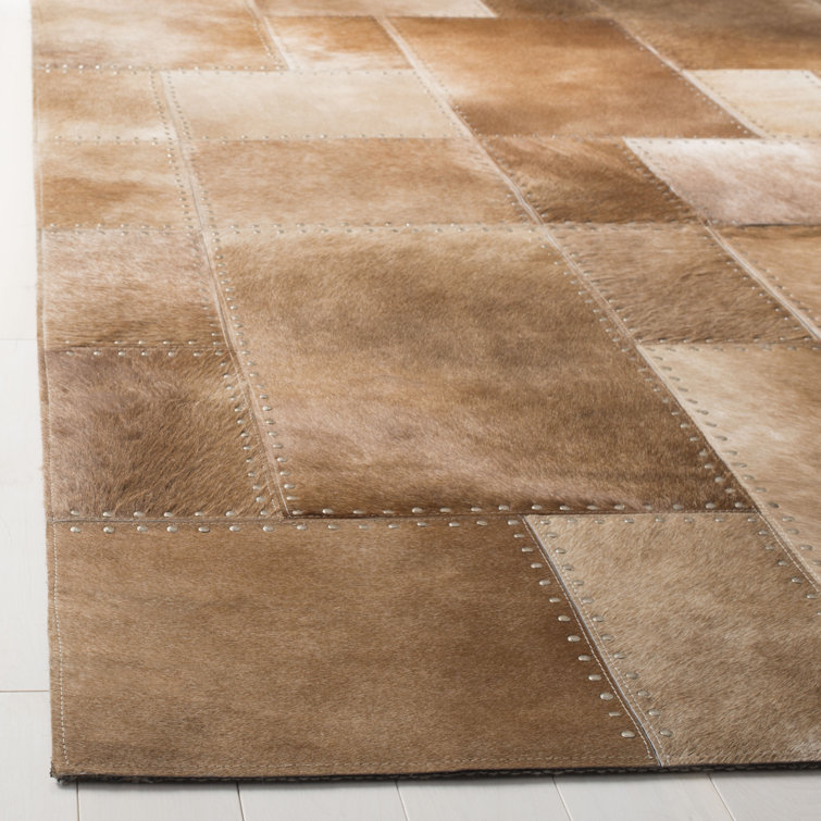 Beige Handwoven Leather Geometric Patchwork Rug