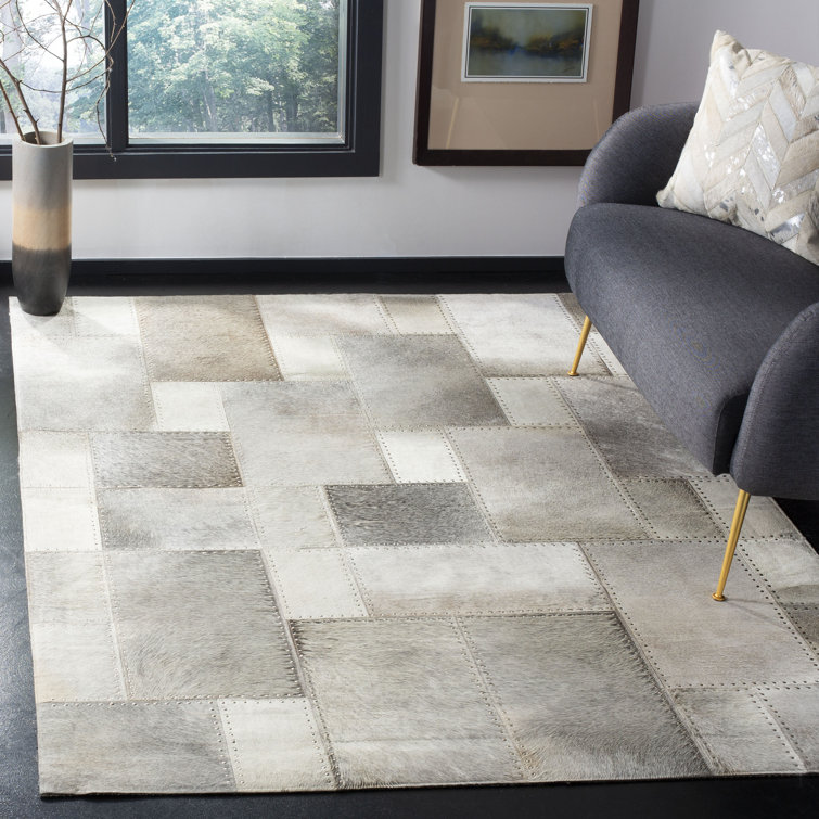 Gray Cowhide Hand-Knotted Geometric Square Area Rug