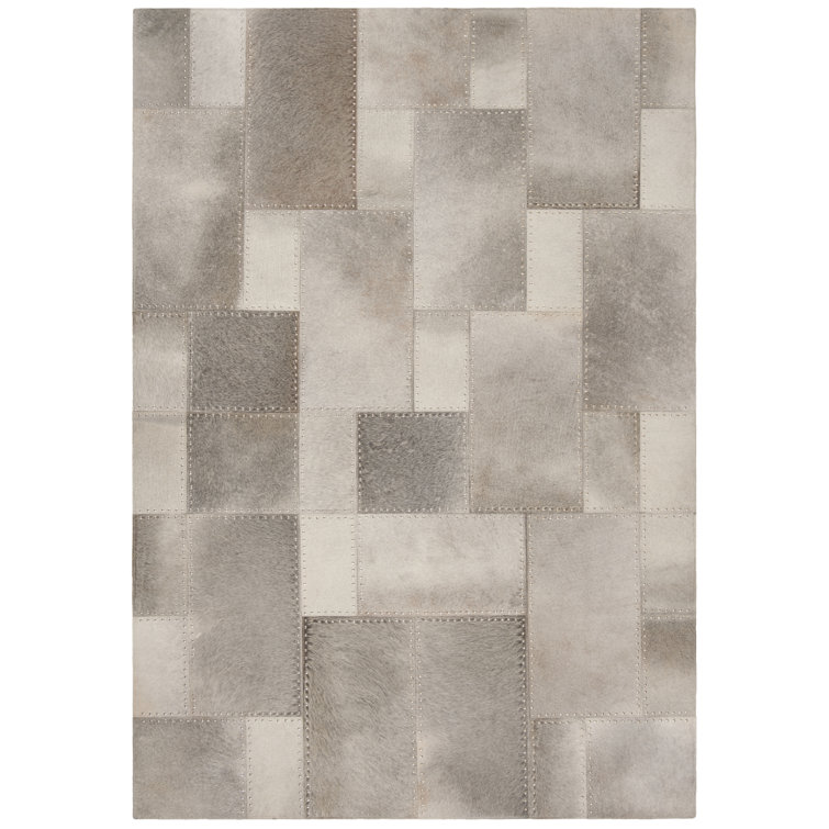 Gray Cowhide Hand-Knotted Geometric Square Area Rug