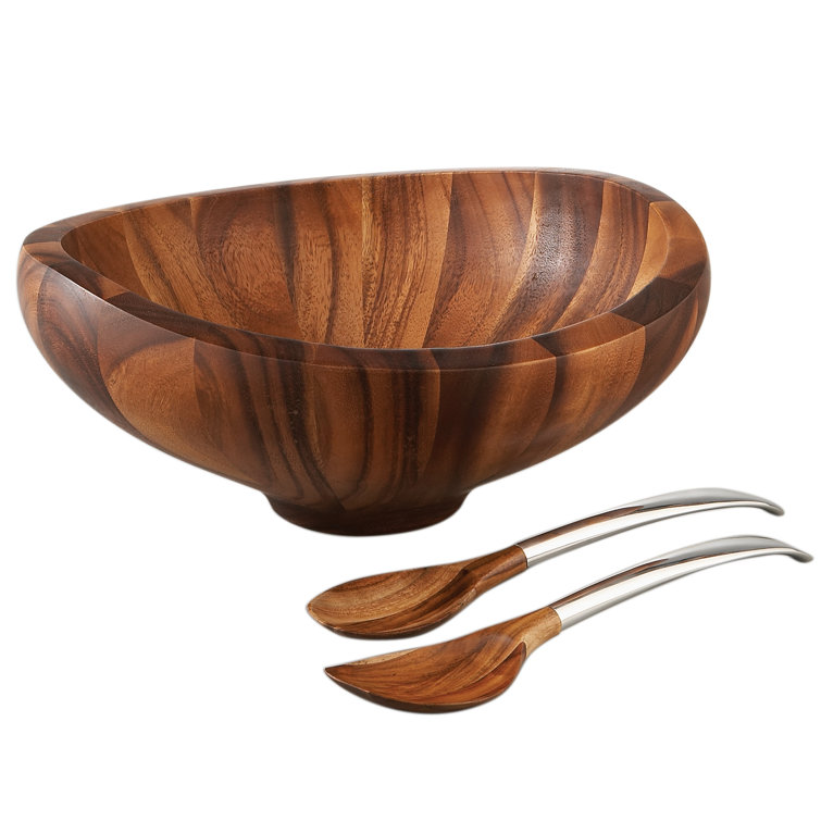 Acacia Wood and Alloy Crescent Salad Bowl with Servers