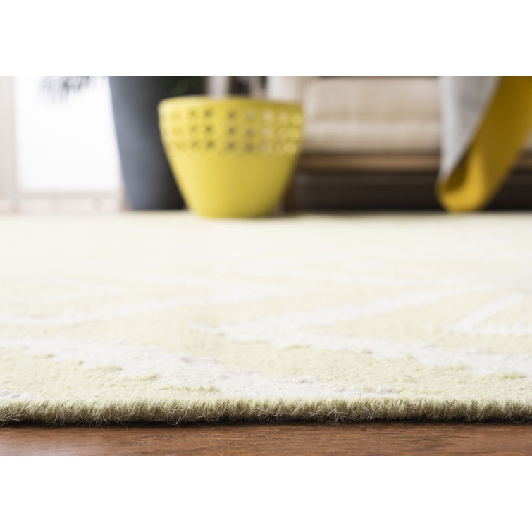 Ivory and Green Geometric Wool Square Rug, 6' x 6'