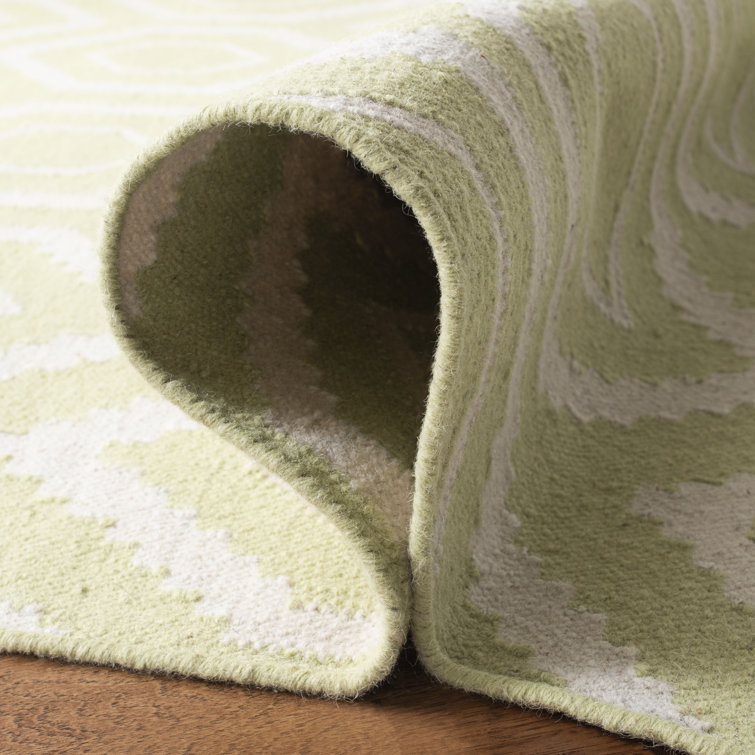 Ivory and Green Geometric Wool Square Rug, 6' x 6'