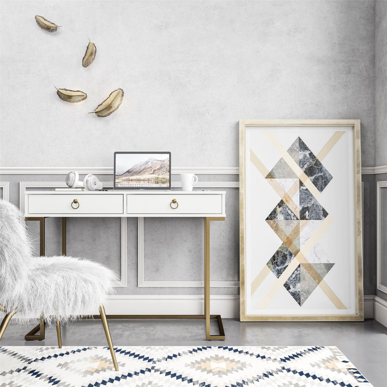 Camila White 44" Modern Writing Desk with Gold Accents & Wireless Charging