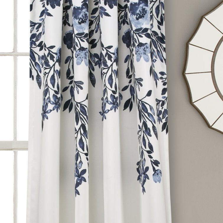 Navy and White Floral Blackout Polyester Curtain Panels