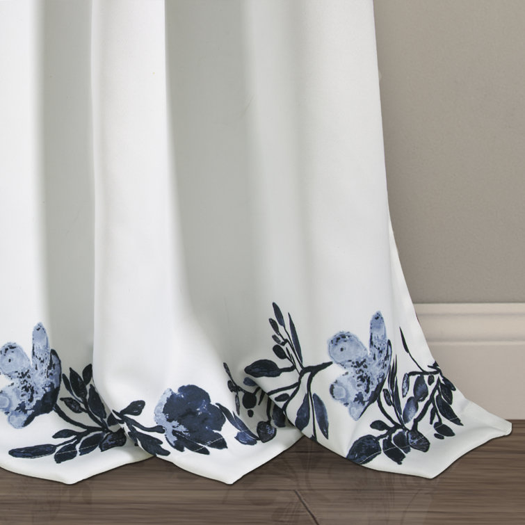 Navy and White Floral Blackout Polyester Curtain Panels