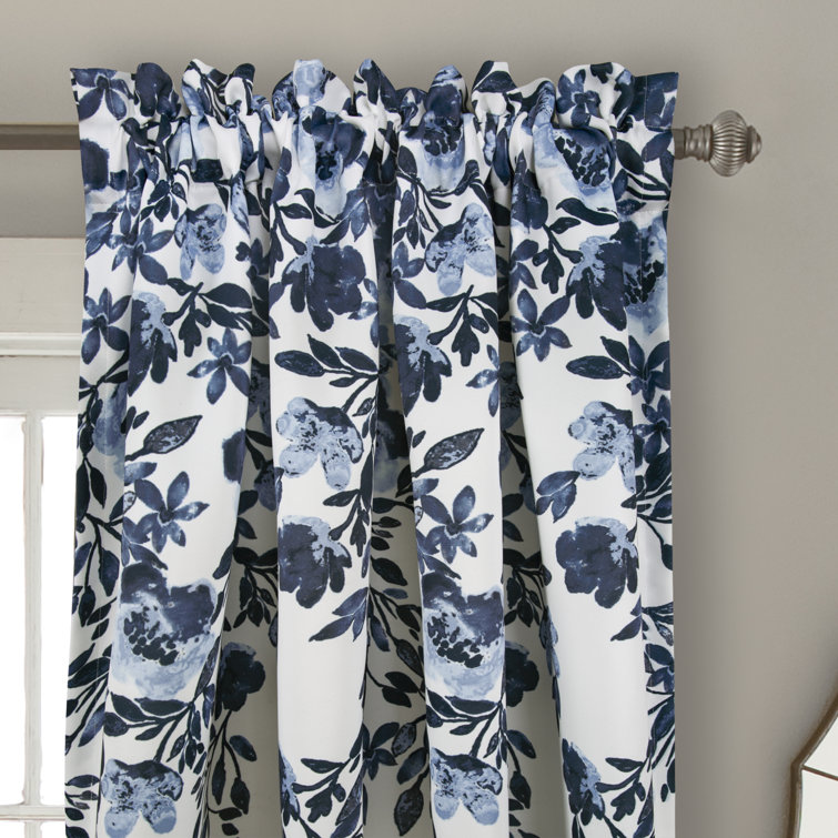 Navy and White Floral Blackout Polyester Curtain Panels
