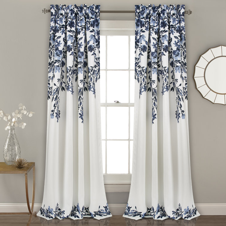 Navy and White Floral Blackout Polyester Curtain Panels