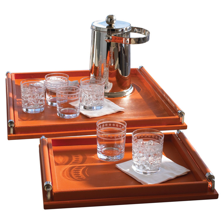 Large Coral Leather Wrapped Handle Sophisticated Tray