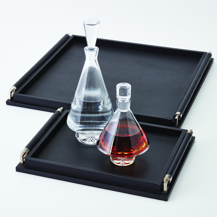 Large Black Leather Wrapped Handle Tray
