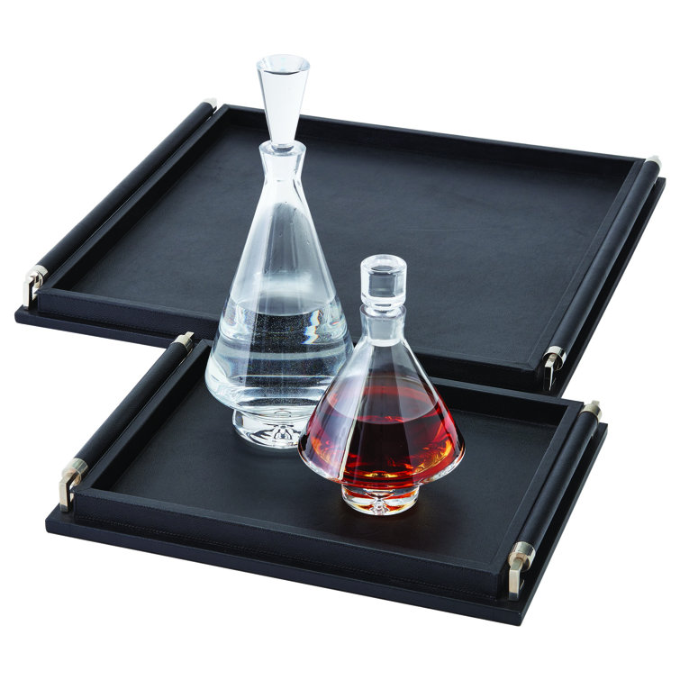 Large Black Leather Wrapped Handle Tray