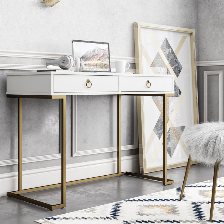 Camila White 44" Modern Writing Desk with Gold Accents & Wireless Charging