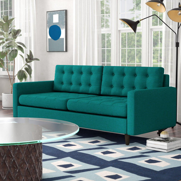 Teal Tufted Fabric Sofa with Solid Wood Legs