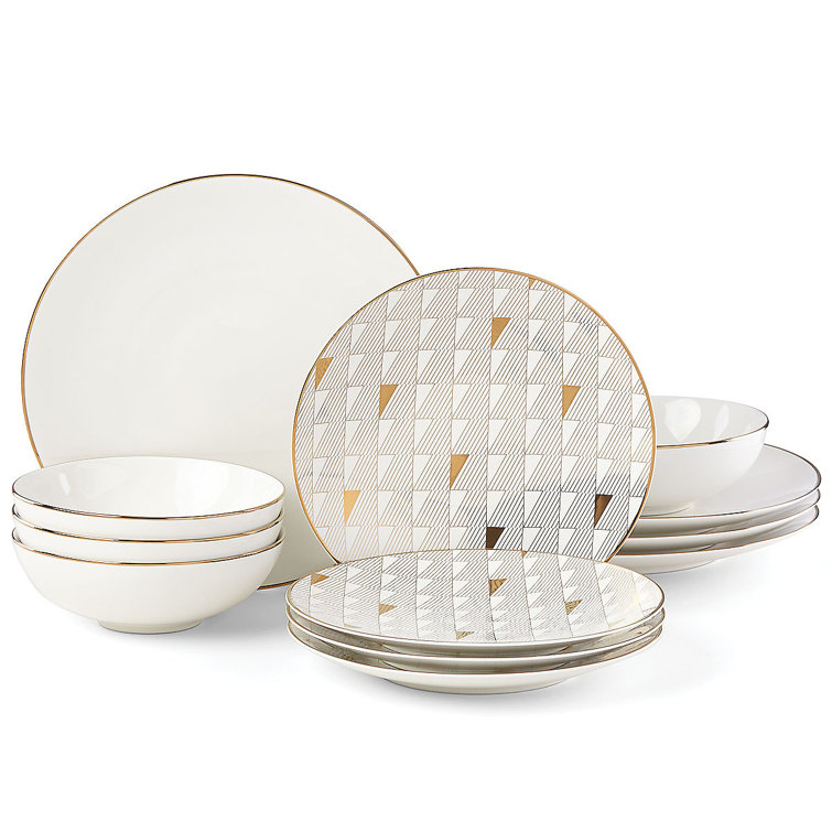 Trianna White Porcelain 12-Piece Dinnerware Set with Gold Accents
