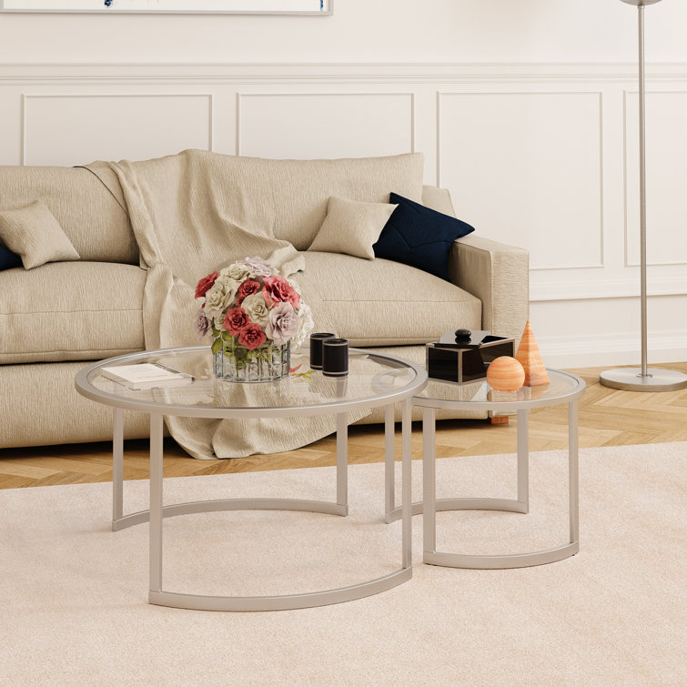 Satin Nickel Round Nested Coffee Tables with Clear Glass Top