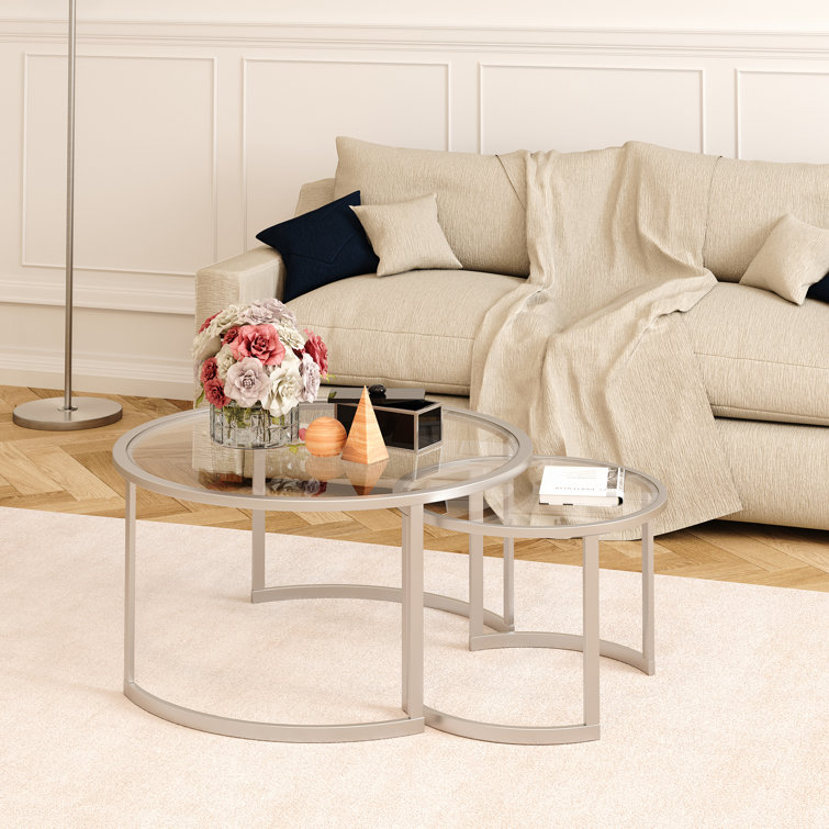 Satin Nickel Round Nested Coffee Tables with Clear Glass Top