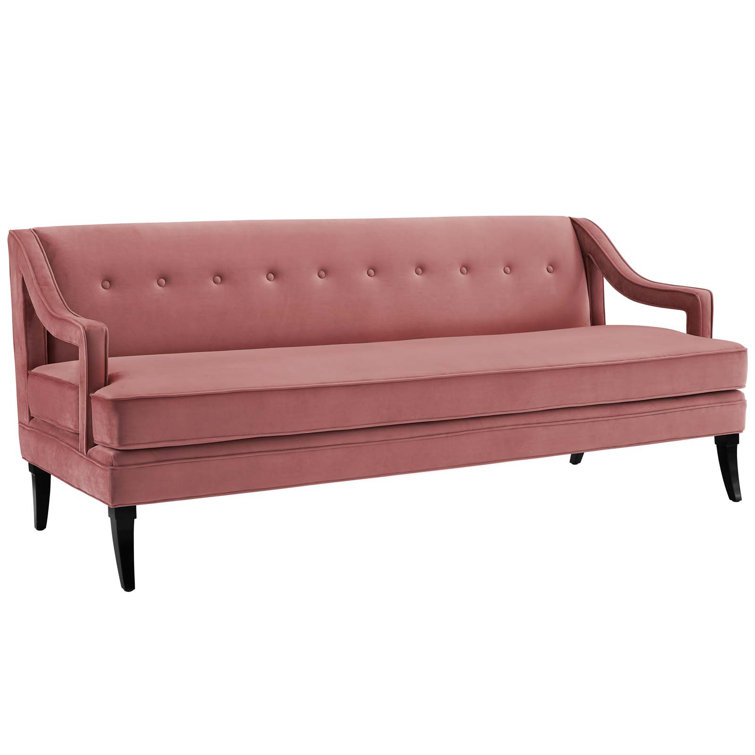 Elegant Dusty Rose Velvet Tufted Sofa with Sloped Arms and Birch Legs
