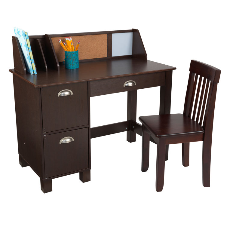 Espresso Wood Writing Desk with Hutch and Chair