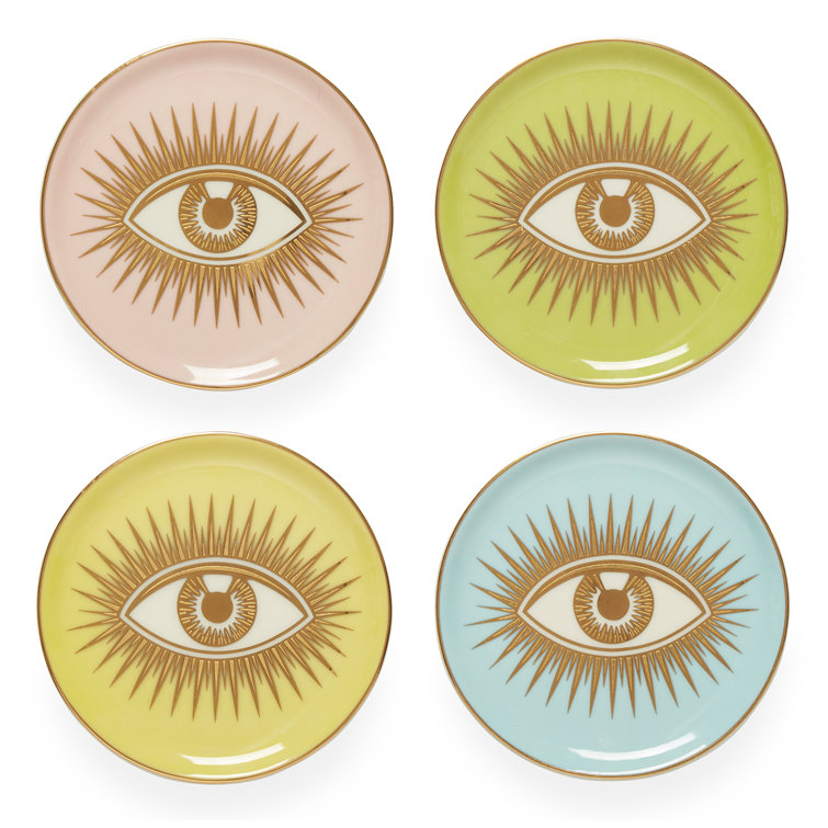 Gold Accented Yellow Ceramic Eye Coaster Set