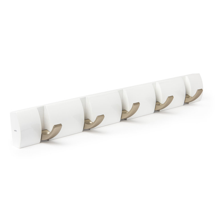 Sleek White 5-Hook Retractable Solid Wood Coat Rack