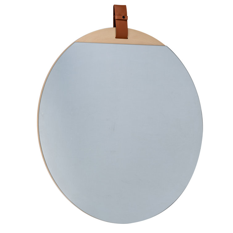 Heppner Round Frameless Blonde Wood Dresser Mirror with Leather Strap