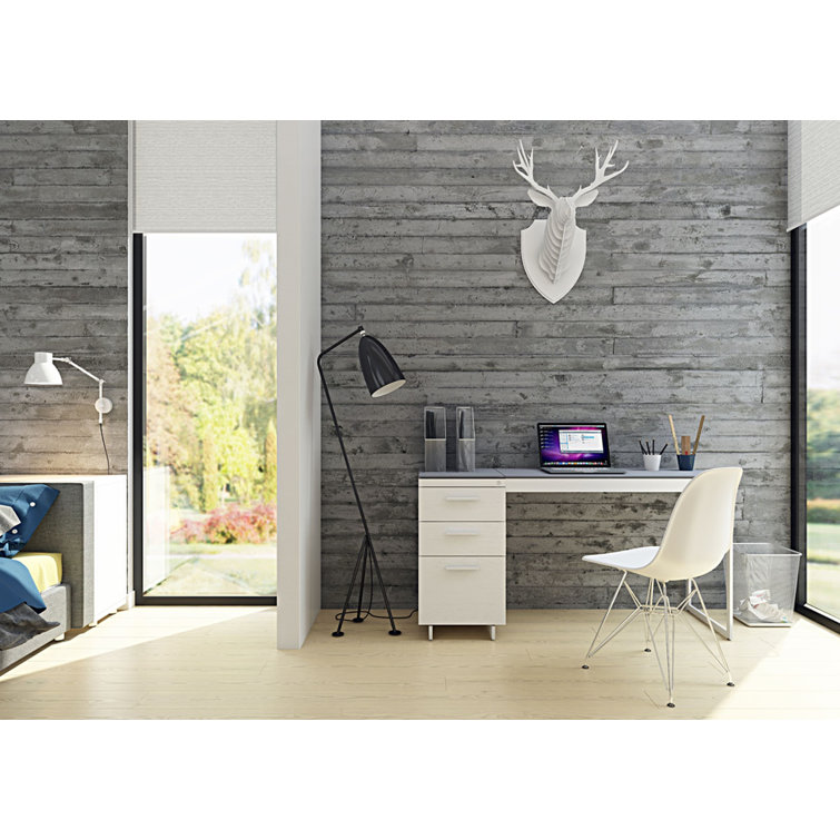 Satin White & Grey Glass Writing Desk with Drawer and Power Outlet