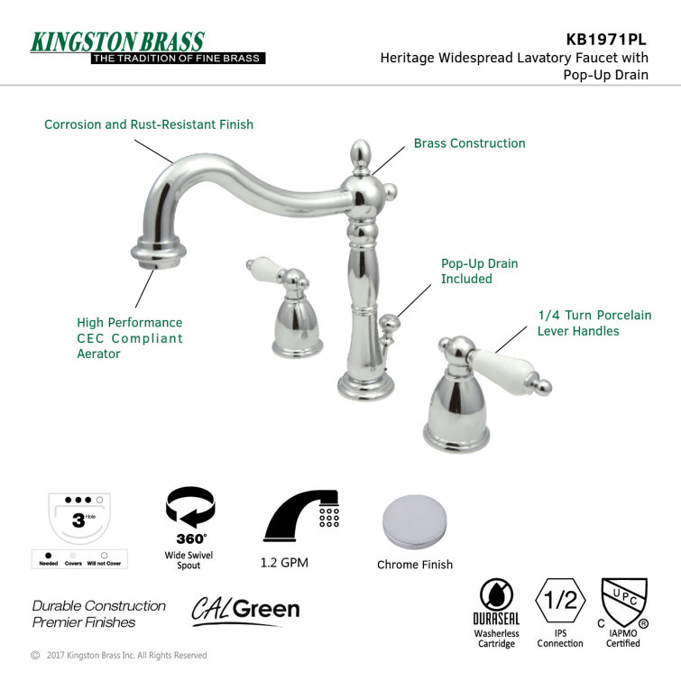 Heritage Polished Chrome Widespread Bathroom Faucet with Porcelain Lever