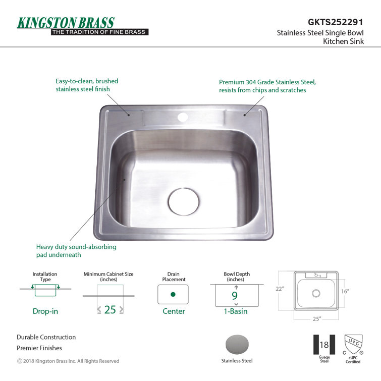 Brushed Stainless Steel Single Bowl Drop-In Kitchen Sink