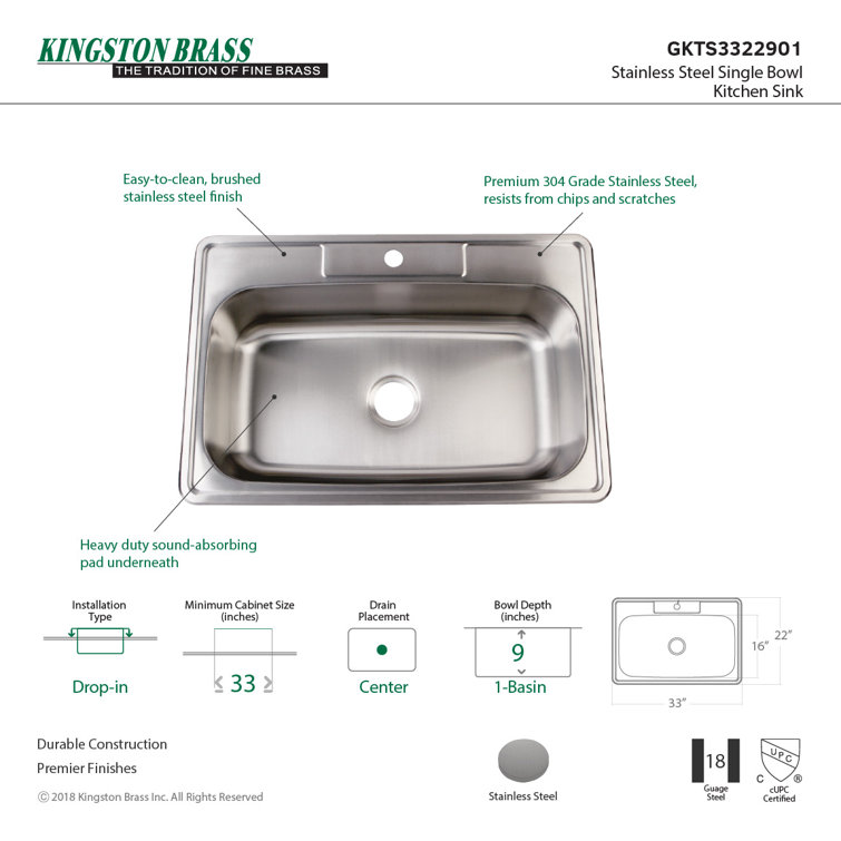 Brushed Stainless Steel Single Bowl Drop-In Kitchen Sink