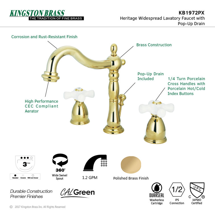 Heritage Polished Brass Widespread Bathroom Faucet with Drain Assembly