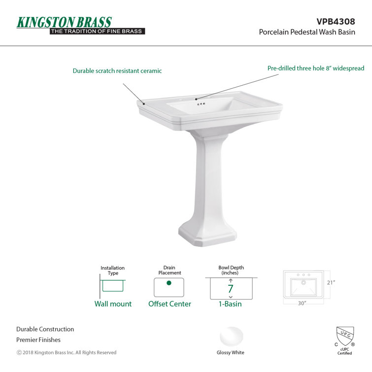 Imperial White Ceramic Pedestal Sink, 30"