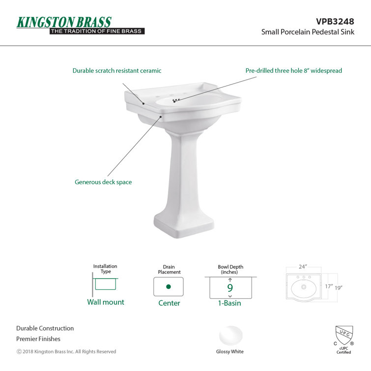 White Ceramic Rectangular Pedestal Bathroom Sink with Overflow