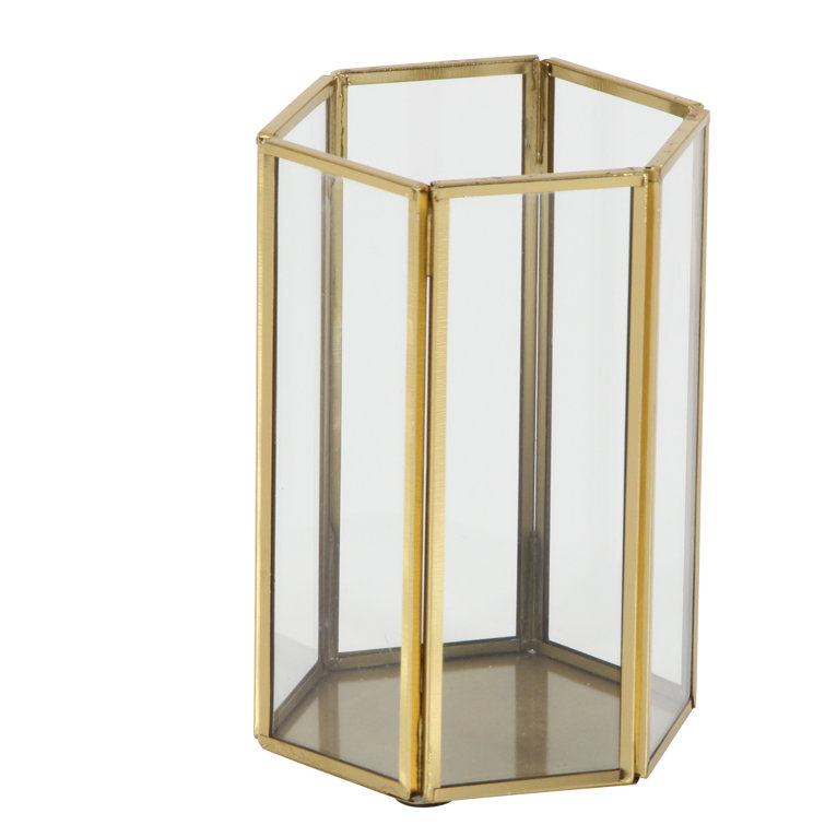 Gold Iron and Glass Hexagonal Candle Lantern Set