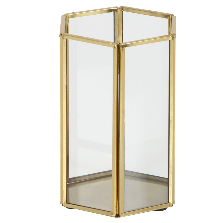Gold Iron and Glass Hexagonal Candle Lantern Set
