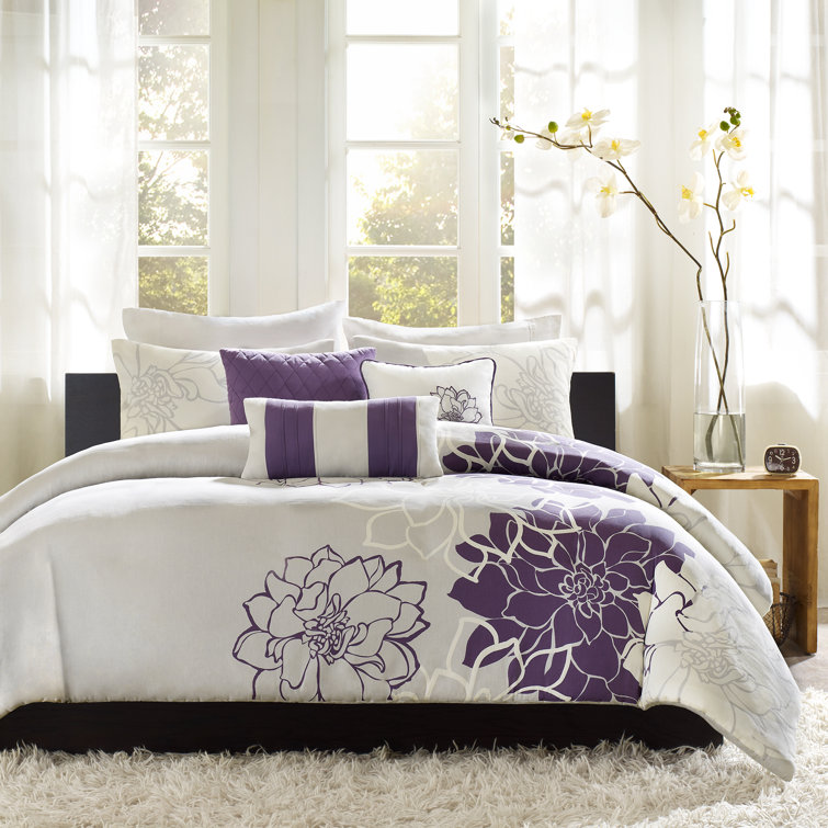 Twin Gray and Purple Floral Cotton Comforter Set