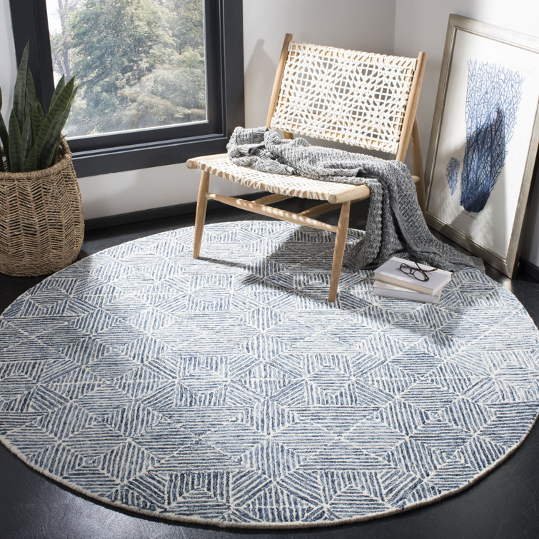 Handmade Round Blue and Ivory Wool Abstract Area Rug