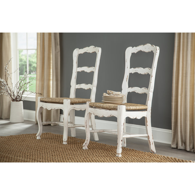 Distressed White Ladderback Side Chairs with Cane Seats, Set of 2