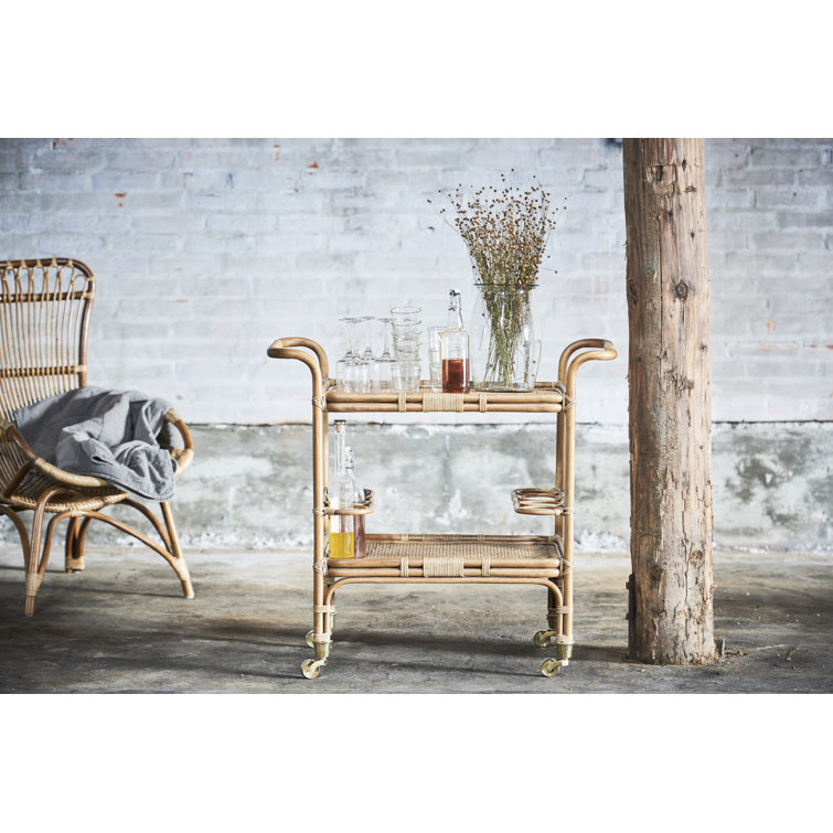 Antique Rattan Bar Cart with Wine Rack and Storage
