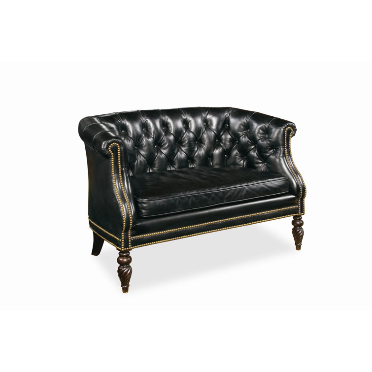 Century Black Genuine Leather Tufted Settee