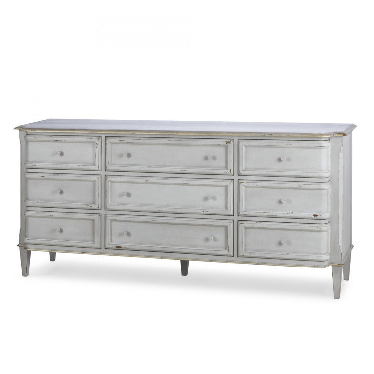 Madeline Light Grey and Gold Leaf Handcrafted 9-Drawer Dresser