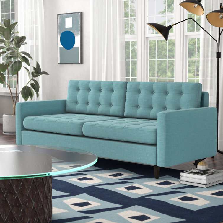 Laguna Blue Tufted Fabric Sofa with Wood Legs